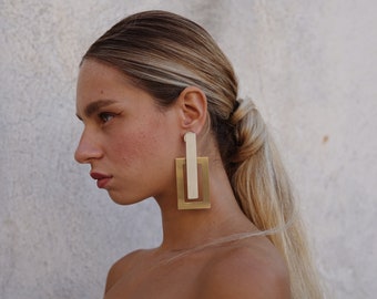 Extravagant Gold and Platinum Oversized Chunky Statement Earrings, Modern Square Ear Jacket Jewelry.