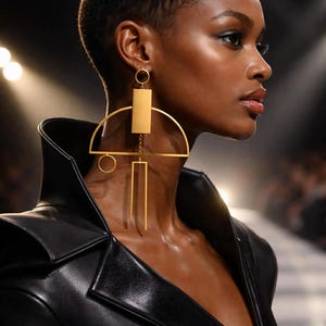 May include: A large gold-toned earring featuring a geometric design with a semi-circle arch, a vertical rectangular plate, a small circular hoop, and two thin dangling rectangular bars suspended by a delicate chain link from the central structure.