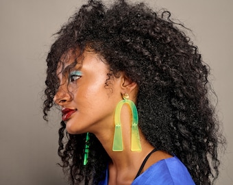 Dangle Yellow Fluo Earrings. Statement Oversized Earrings. Gift for Women Earrings. African Inspired Large Earrings.