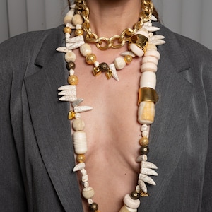 Layered Boho Necklace Set: Chunky Gold Chain, Howlite & Acrylic Beads