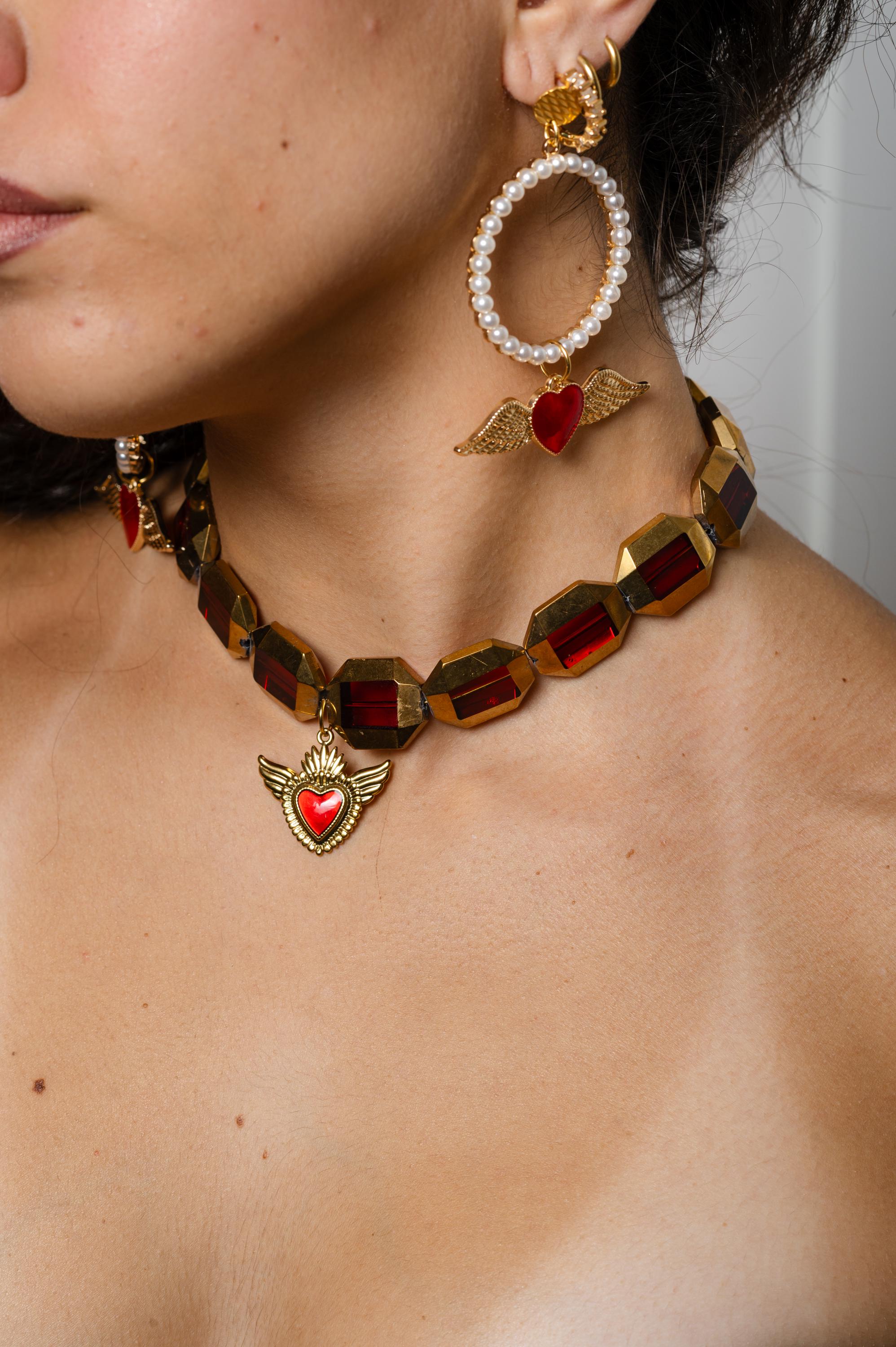 Chunky Red Bead Choker - Sacred Heart Charm Necklace - Edgy