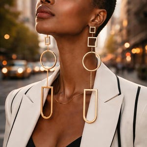 Può includere: Orecchini geometrici color oro con elementi quadrati, circolari e a forma di U. Gli orecchini sono lunghi e pendenti. La persona indossa un blazer bianco con strisce nere, su uno sfondo urbano sfocato.