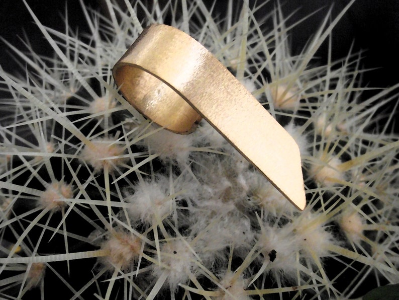 May include: A gold-toned metal ring with a wide, flat, and slightly angled band. The ring features a smooth, polished surface that reflects light, creating a metallic sheen. The band is open-ended, forming a continuous loop with a pointed end.