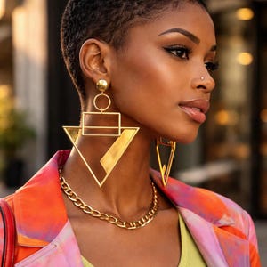 Afrocentric Geometric Gold Statement Earrings – Large Tribal Matte Finish Dangle Jewelry – African Inspired Bold Fashion Accessories