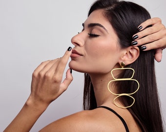 Contemporary Statement Earrings, Oversized Gold Earrings, Linear Earrings, Ethic Design Earrings, Original Laka Luka Design "Pebble"