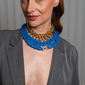 Bold Royal Blue Chunky Chain Necklace, Set of 2 Matte Statement Necklaces, Layered Jewelry with Gold Accent, Mediterranean Summer