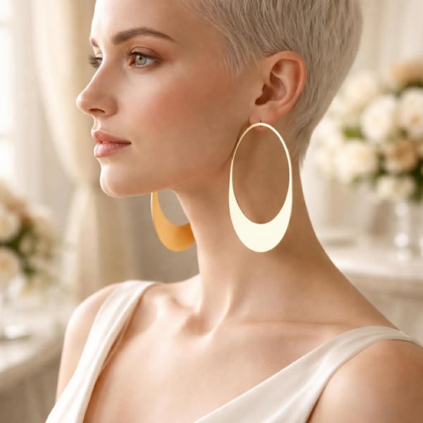 Pendientes ovalados personalizados, aros con nombre personalizado estampado a mano, colgantes geométricos grandes chapados en oro