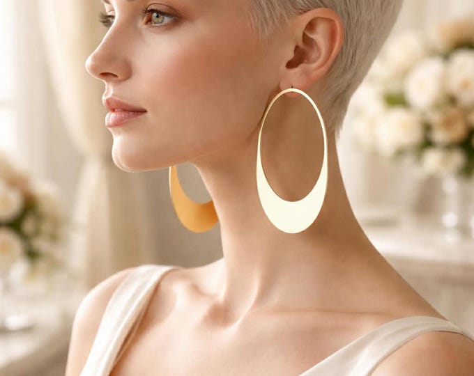 Personalized Oval Statement Earrings, Custom Name Hand Stamped Hoops, Large Gold Plated Geometric Dangles