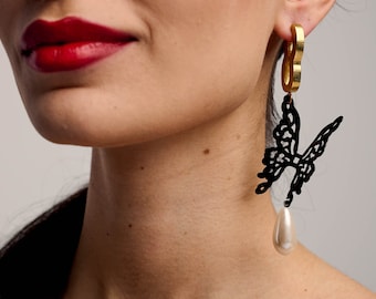 Vintage Style Black Butterfly Earrings - Pearl Drop Statement Earrings