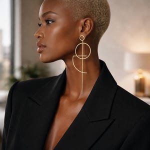 Boucles d'oreilles géométriques modernes en or, longues boucles d'oreilles pendantes minimalistes, argent allemand plaqué or, bijoux de créateur légers
