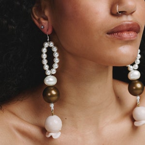Rose Earrings, Statement Earrings, Pearl Earrings, Shoulder Grazing Earrings, Long Earrings, Vintage Style, Fashion Jewelry, Gift for Her