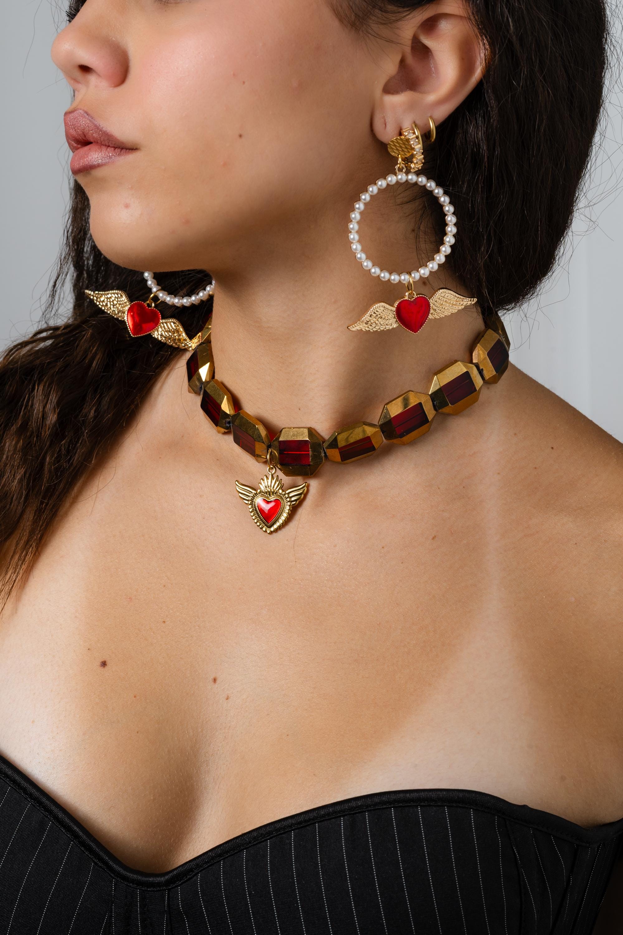 Chunky Red Bead Choker - Sacred Heart Charm Necklace - Edgy