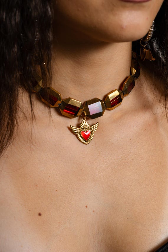 Chunky Red Bead Choker - Sacred Heart Charm Necklace - Edgy
