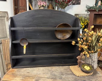 Handmade Distressed Black Painted Bowl Rack - Farmhouse Kitchen Decor- Lightly Distressed