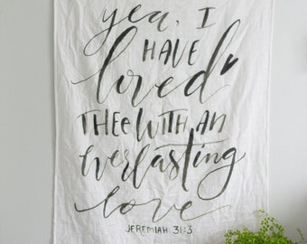 swaddle blanket | scripture, muslin, Jeremiah, everlasting, Bible verse, prayer, baby, organic, muslin, natural, gifts under 40, shower gift