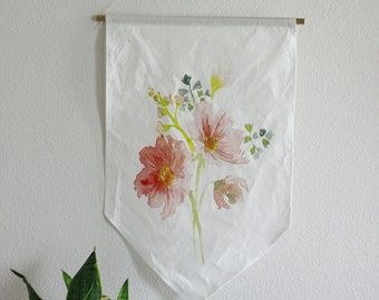 banner | floral, cotton, wall hanging, farmhouse decor, watercolor, bouquet, boho, kitchen watercolor, entry wall art