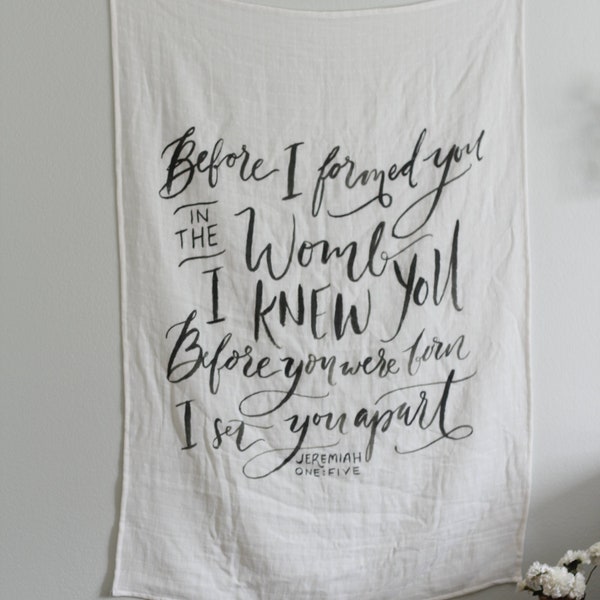 swaddle blanket | scripture, muslin, faith, Jeremiah, Bible verse, prayer, baby, organic, muslin, natural, gifts under 40, shower gift