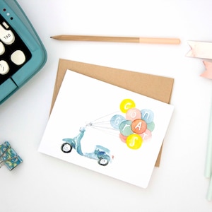 cartão de parabéns | formatura, chá de bebê, chá de casamento, nupcial, vespa, caprichoso, aquarela, balões, novo bebê