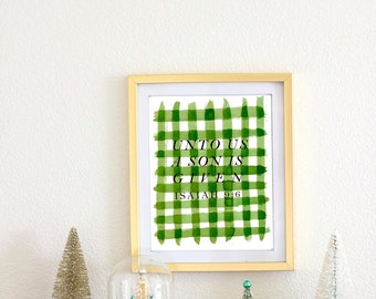 Christmas art | scripture, farmhouse, religious, gingham, Isaiah, Christian, Advent, green, vintage, illustration, entryway, mantle decor,