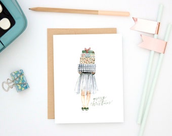 Kerstkaart | aquarel, buren, vriendinnen, illustratie, grillig, klassiek, mode, elegant