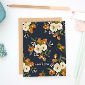 carte pour correspondance | floral, merci, bleu marine, agrumes, kumquat, blancs, crème, botanique, peint à la main, gouache, classique, traditionnel