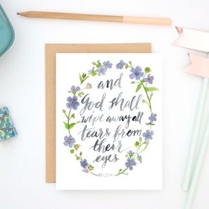 | de carte de sympathie  chrétien, désolé, religieux, aquarelle, deuil, essuyer toutes les larmes, floral, oublie-moi-pas, ciel, révélation