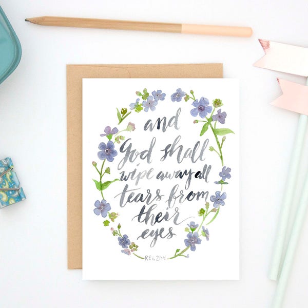 sympathy card |  christian, sorry, religious, watercolor, mourning, wipe all tears, floral, forget-me-not, heaven, revelation