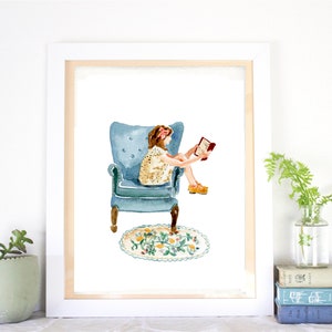 watercolor illustration | bookworm, reader, gifts for teachers, literary, vintage, girls room, girls dorm, whimsical, like pearls,