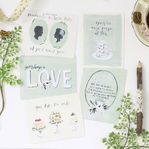 san valentino / biglietti, dipinto a mano, floreale, libro, nerd, eccentrico, letterario, galentines, dolce, cartoline, neutro, amicizia, amore vintage blu