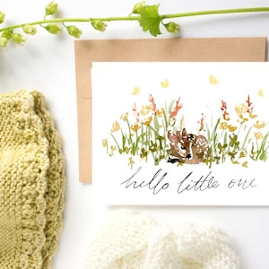 cartão de chá de bebê | neutro, bosque, novo bebê, aquarela de veado, animal, floresta, esperando, anúncio de gravidez, aquarela, caprichoso,