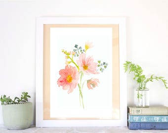 watercolor floral | cosmos, blush, mint, botanical, spring, flowers bouquet, spring, wall decor, like pearls, handpainted, boho, garden art,