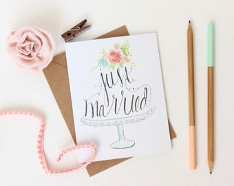 wedding cards | watercolor, handlettered, just married card, floral watercolor card, whimsical wedding