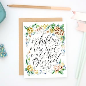 Aquarell Karte zum Muttertag | Ihre Kinder erheben sich und nennen sie gesegnet, Blumenaquarell, Sprüche 31, christliche Muttertagskarte