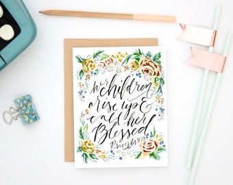 Mother's Day watercolor card | Her children arise up & call her blessed, floral watercolor, Proverbs 31, Christian Mother's Day card