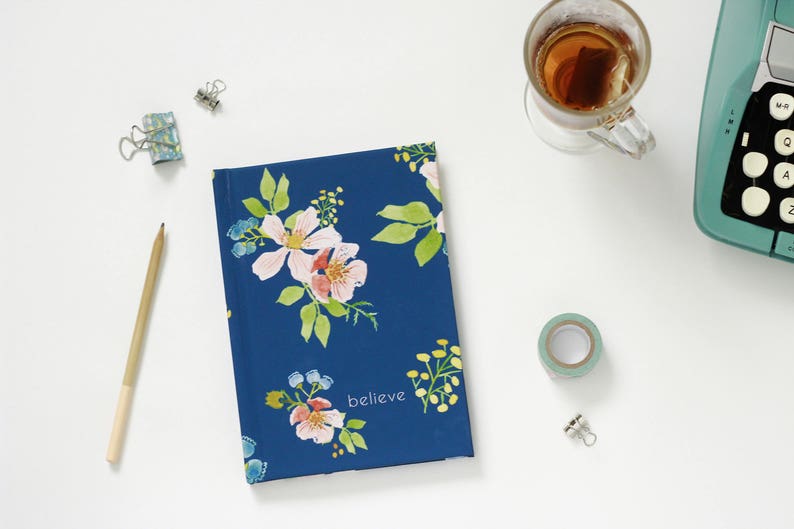 journal prayer, inspirational, floral watercolor, devotional, christian, notebook, gifts under 20, stocking stuffer, navy, girlfriend gift image 1