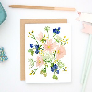 | de carte de notes floral, botanique, blanc, blush, marine, bouquet, fleur sauvage, merci, douche