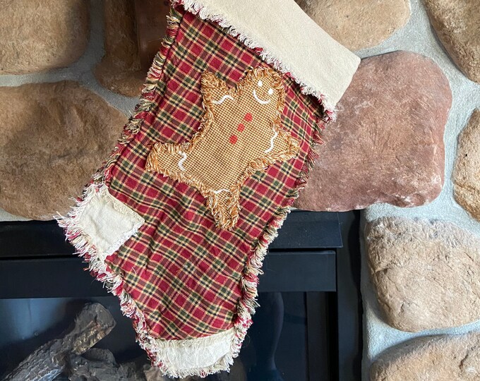 Homespun Primitive Rag Quilt Stocking Sock Christmas Green Red Tan Gingerbread Man Plaid Patchwork Country Rustic Farmhouse Holiday Cabin Home Living Ornaments Accents Tripod Ee