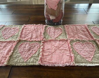 Plaid PriMiTivE Rag Quilt Table Runner Pink Plaid Tan Pastel Hearts Valentine's Day Spring Handmade Farmhouse Homespun Country