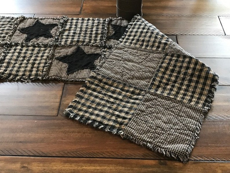 NEW Plaid Homespun PriMiTivE Rag Quilt Table Runner Black Tan Stars Country Handmade Rustic Farmouse Centerpiece Country Mat