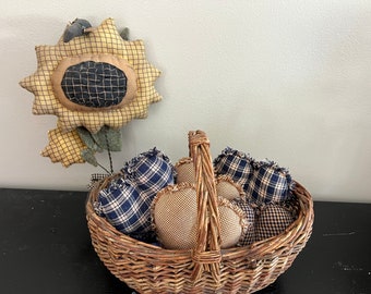 New Homespun Plaid Ornies Bowl Fillers Rag Quilt PrImITive Hearts Navy Blue Tan Country Rustic Farmhouse Ornaments Decorations