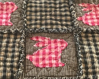 Plaid PriMiTivE Rag Quilt Table Runner Black Pink Rabbit Easter Spring Bunny Country Handmade Rustic Farmhouse Centerpiece Mat