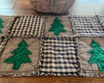 Nouveau chemin de table à carreaux PriMiTivE chiffon quilt maison ferme Noël noir havane vert arbres vacances pays couette en chiffon rustique