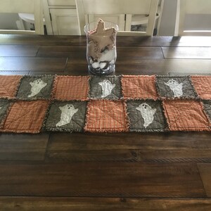 Plaid Homespun PriMiTivE Rag Quilt Table Runner Orange Black Ghosts Farmhouse Rustic Country Handmade Harvest Fall Thanksgiving Halloween image 2