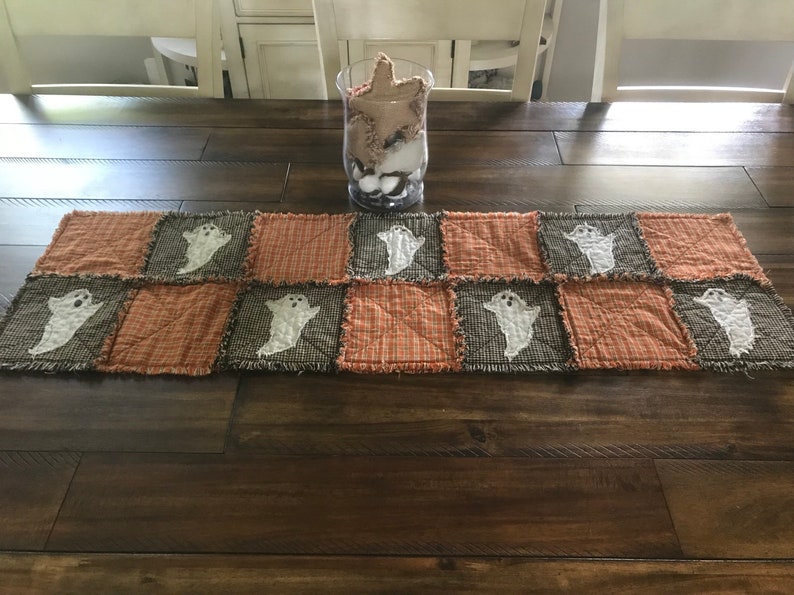 Plaid Homespun PriMiTivE Rag Quilt Table Runner Orange Black Ghosts Farmhouse Rustic Country Handmade Harvest Fall Thanksgiving Halloween image 2