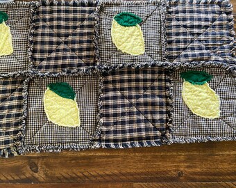 NEW Plaid PriMiTivE Rag Quilt Table Runner Black Tan Lemons Summer Citrus yellow Country Homespun Rustic Farmhouse Centerpiece mat