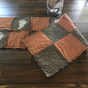 Plaid Homespun PriMiTivE Rag Quilt Table Runner Orange Black Ghosts Farmhouse Rustic Country Handmade Harvest Fall Thanksgiving Halloween image 4