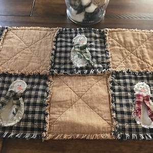 Plaid Homespun PriMiTivE Rag Quilt Table Runner Christmas Black Red Green Tan Brown Holiday Snowman Snowmen Country Rustic Farmhouse  Quilt