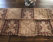 Plaid Homespun PriMiTivE Rag Quilt Table Runner Christmas Green Red Brown Farmhouse Gingerbread Men Man Cookies Country Rustic Rag Quilt