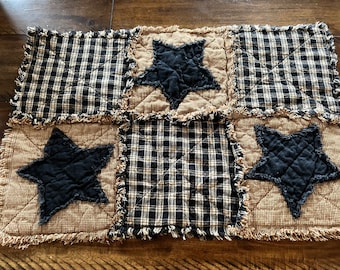 New PriMiTiVe Rag Quilt Homespun Black Brown Tan Mustard Stars Plaid Place mats Placemats Rustic Country Centerpiece