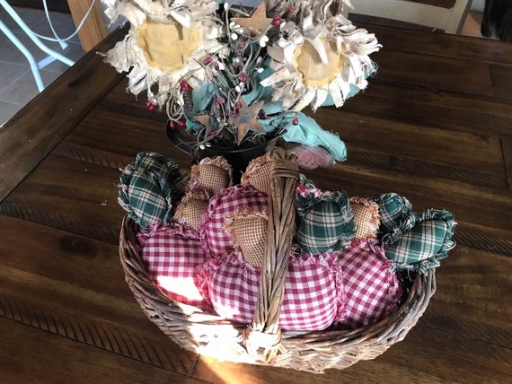 Handmade Primitive Mustard Plaid Flower Ornies//Bowl Fillers Set of 6